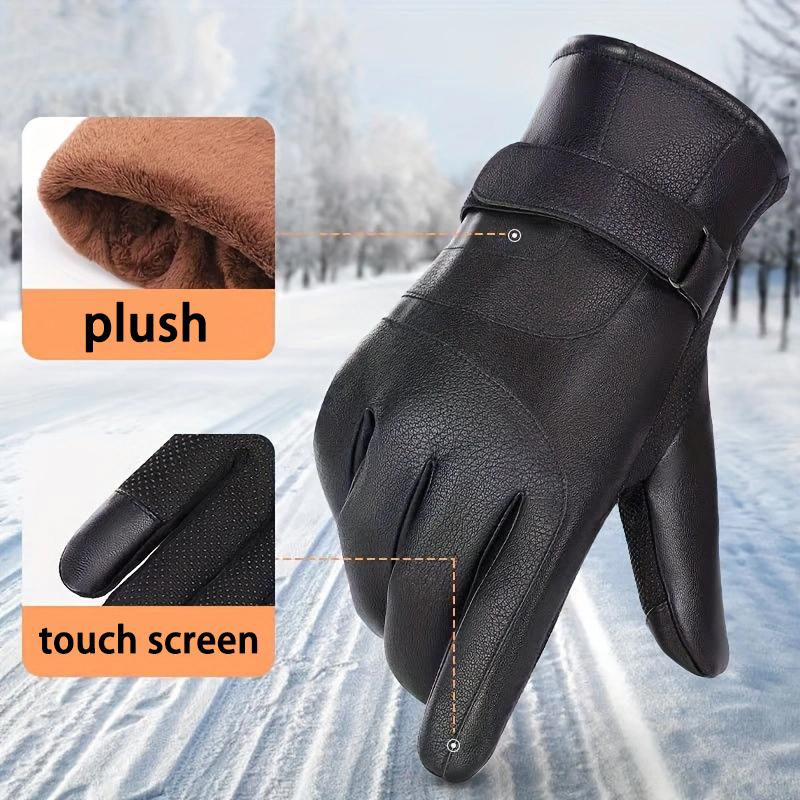 WTEMPO 1Pair Men's PU Cold-proof Windproof Full Finger Gloves Winter Outdoor Riding Cycling Fleece Thickened Black Touch Screen Gloves