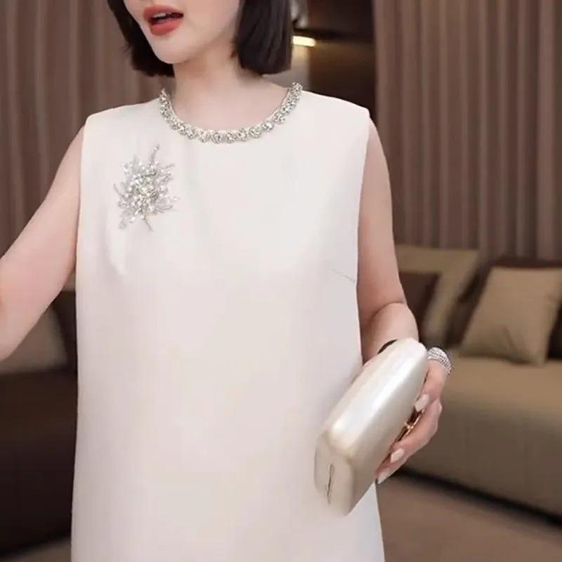 French Style Diamond Round Neck Sleeveless Dress High-end Casual Commuting Straight Skirt for Women