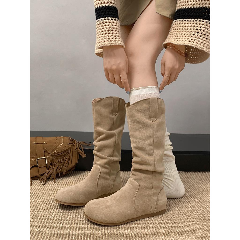 Brown retro flat boots children's boots 2025 new autumn versatile skirt Maillard stacking boots