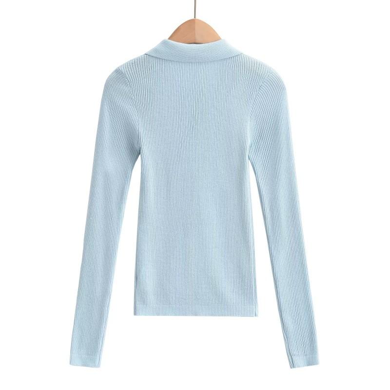 Womens Retro Knit Sweater With Embroidered Letters Slim Fit POLO Collar Long Sleeve Top Winter
