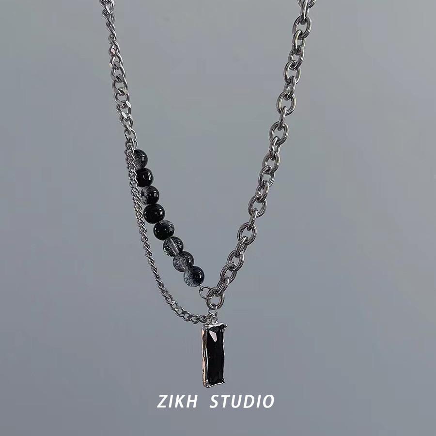 Black Zircon Ice Crack Pendant Necklace For Men With Titanium Steel Chain And Geometric Design