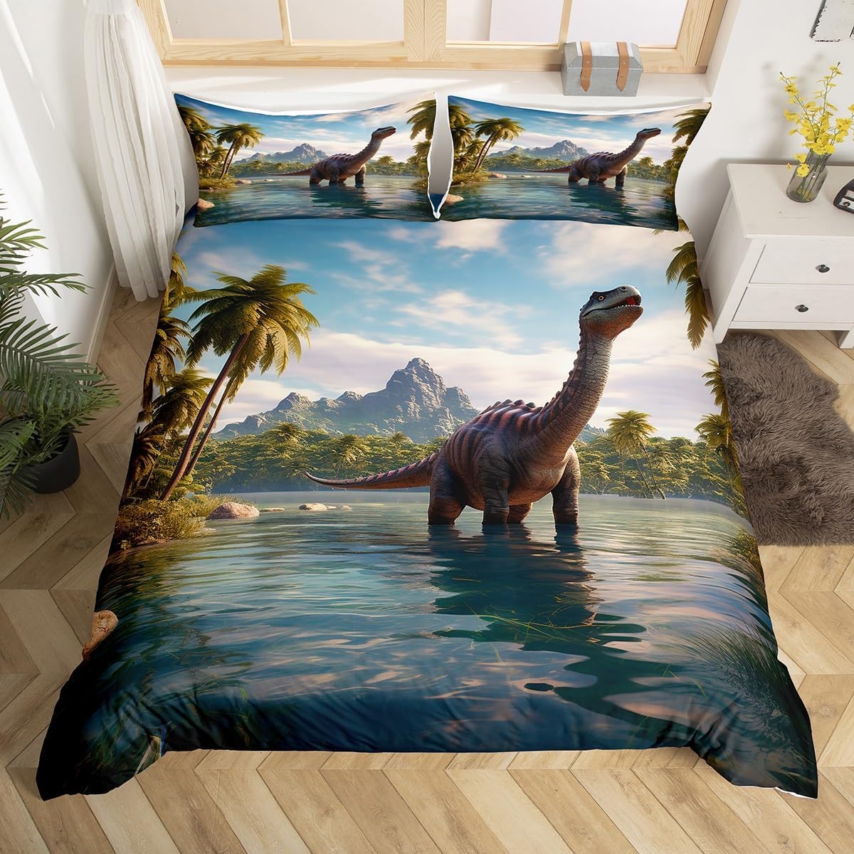 

Children Kids Dinosaur Soft Duvet Cover Twin Quen Beding Set for Young Boys Ten Carton Jungle Dino Warm Comforter Cover,3D Ancient Animal Comfortable 135*200cm Eu-Single