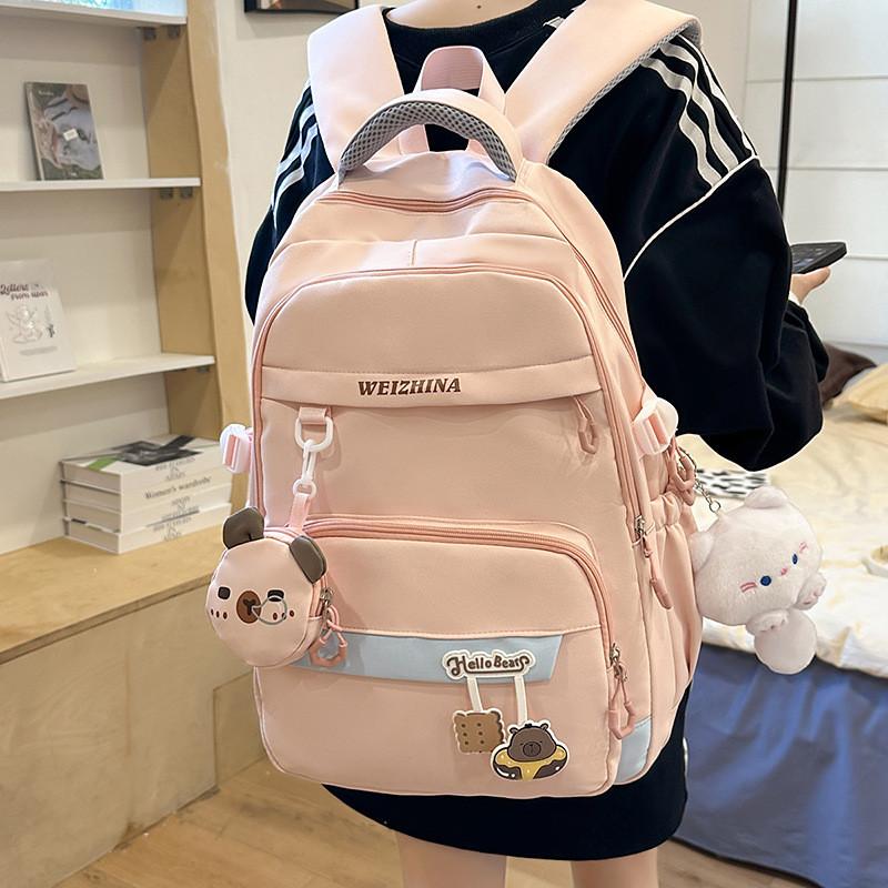 Color Solid Simple Letter Pattern Student Backpack With Decoration Pendant