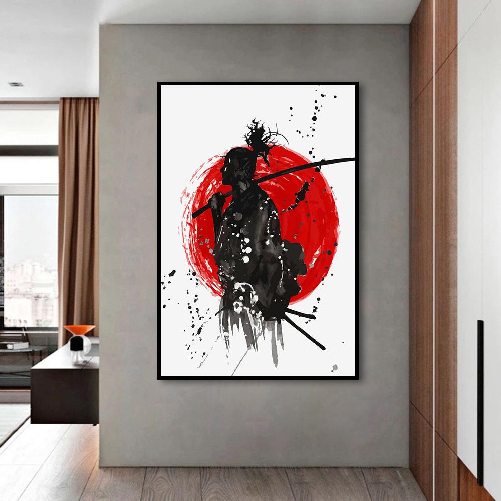 Black and White Japanese Black Samurai Man with Crow Posters and Print Wall Art Canvas Painting for Living Room Cuadros Decor 60 X 40 Cm