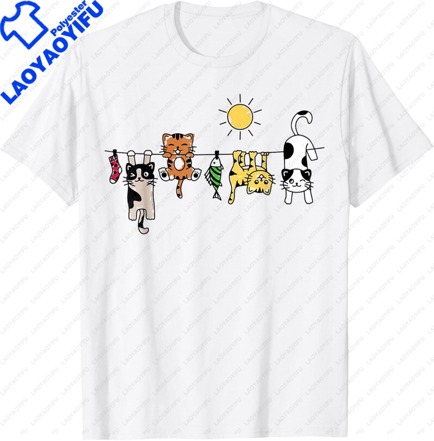 

Cute Cats Hanging on A Clothes Line Funny Cat TShirt Kawayi Cat Graphic Vintage Casual Mens Clothing Tops Camisas Streetwear S