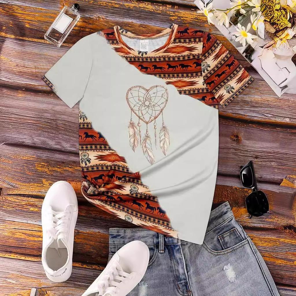 Summer Round Neck 3D Ethnic Style Print Top Fashionable Casual Short Sleeved Women's T-shirts