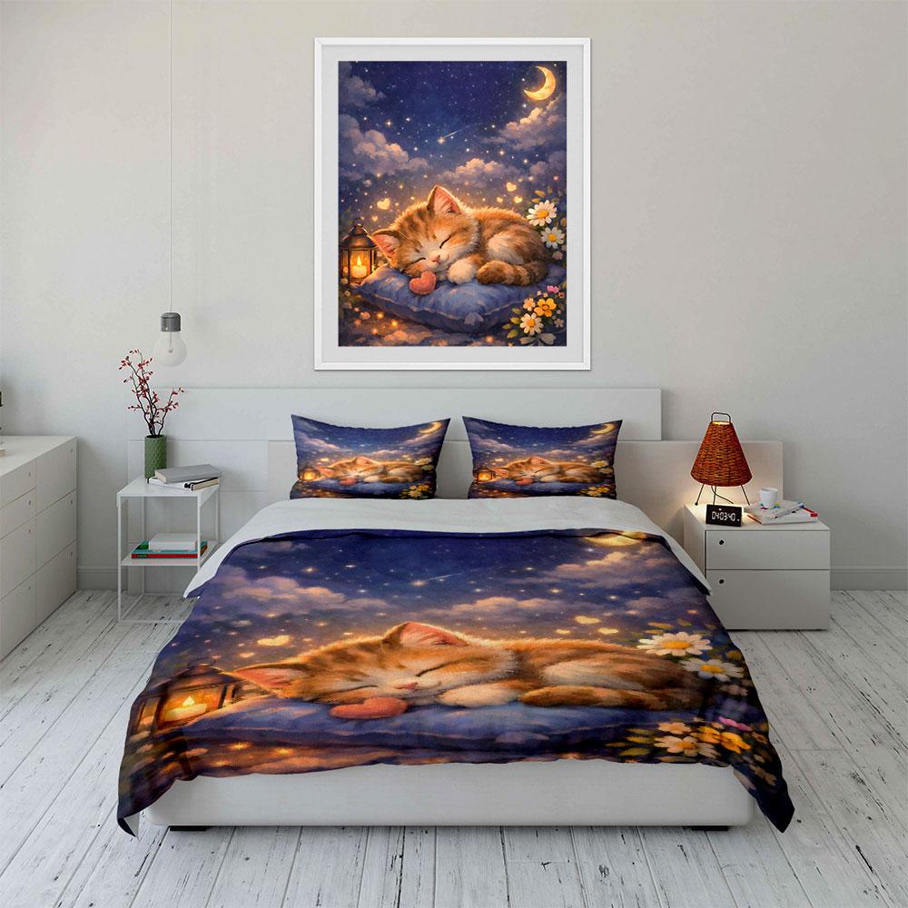 Cozy Kitten Sleeps Under Starry Sky Duvet Cover Set With 3D Printing Design Soft Polyester Bedding Set All-Season Comfort