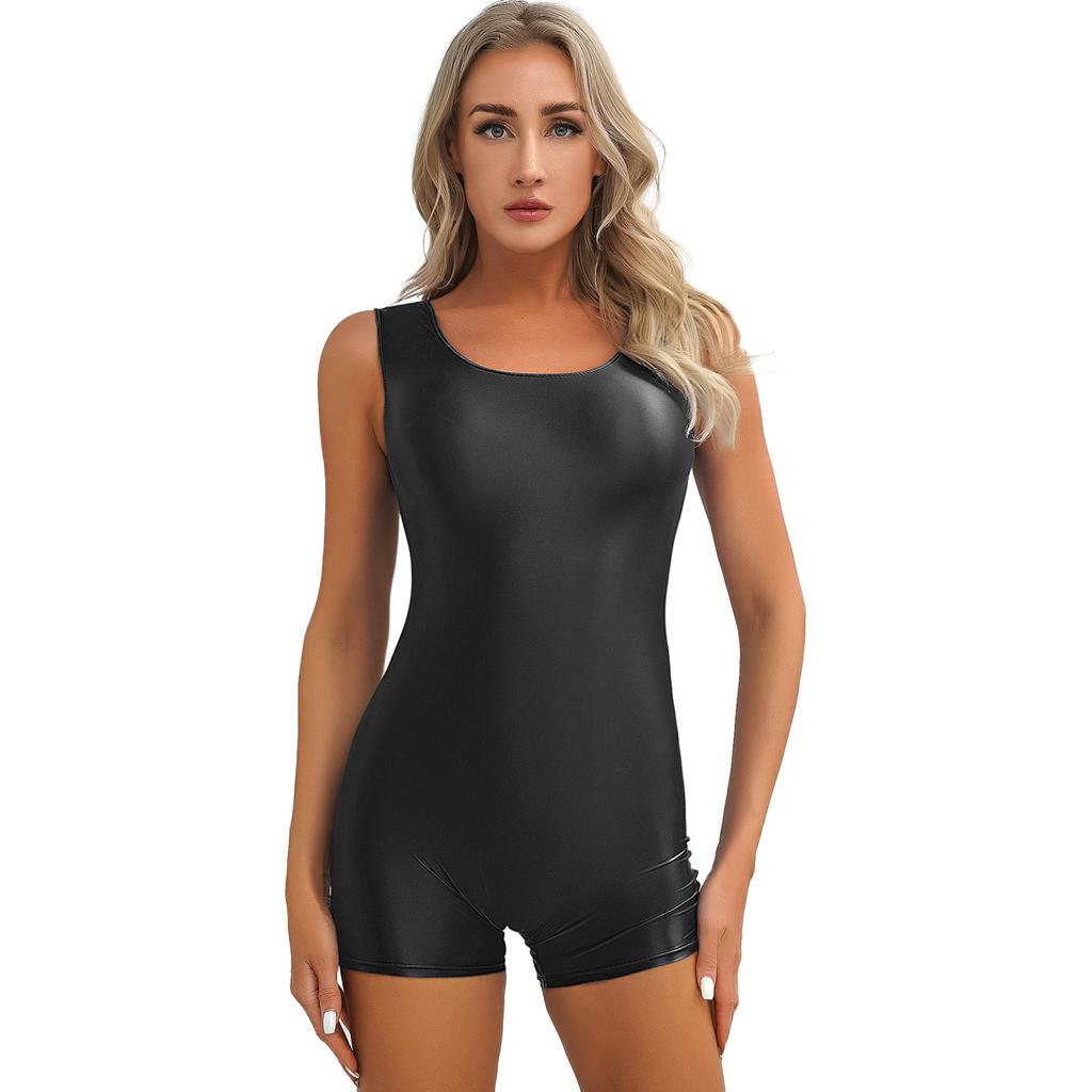 Womens Glossy Sleeveless Short Jumpsuit Solid Color Stretchy U Neck Bodysuit for Yoga Dance Bodybuilding Swimsuit Swimming