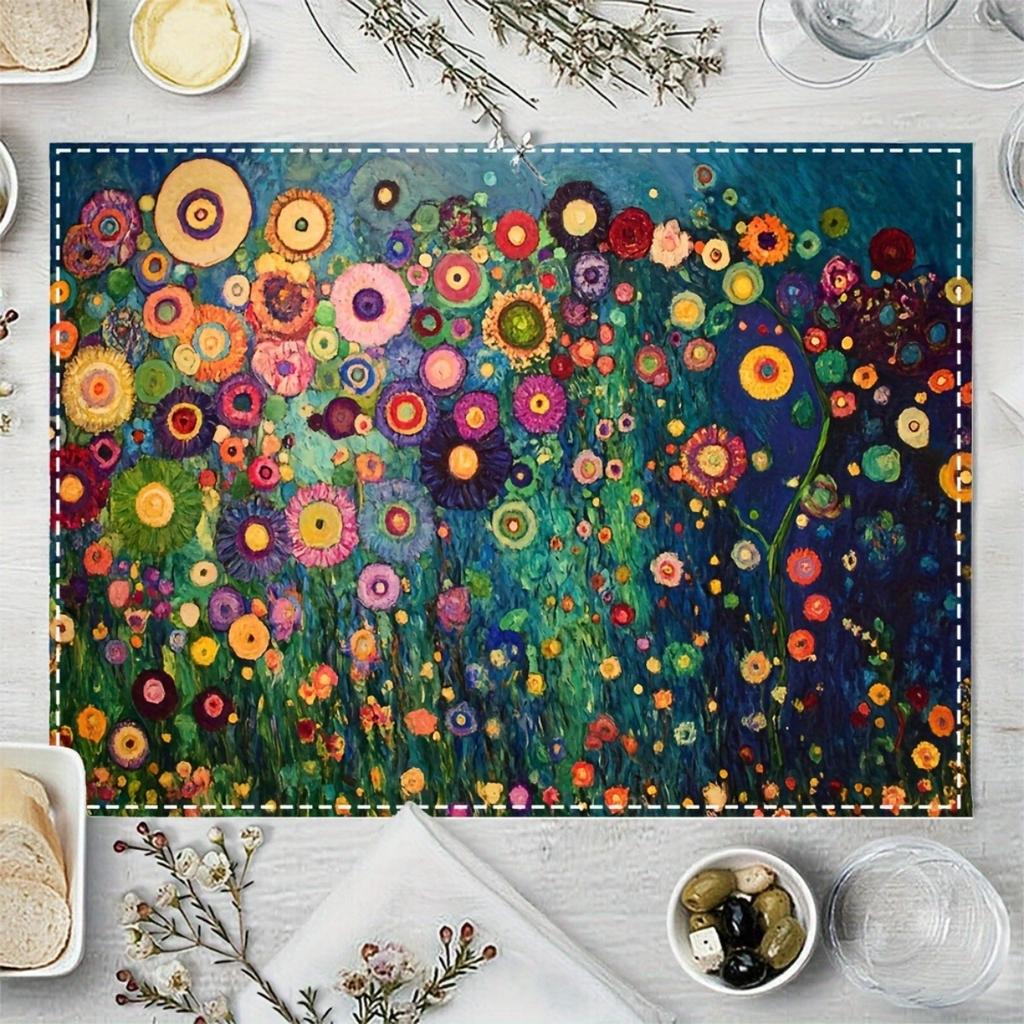 Of 4 Placemats Featuring Gustav Klimt'S Floral Designs, Stylish Printed Patterns, Faux Linen Table Mats Suitable for Dining, Kitchen 12.0X18.0 Inch.