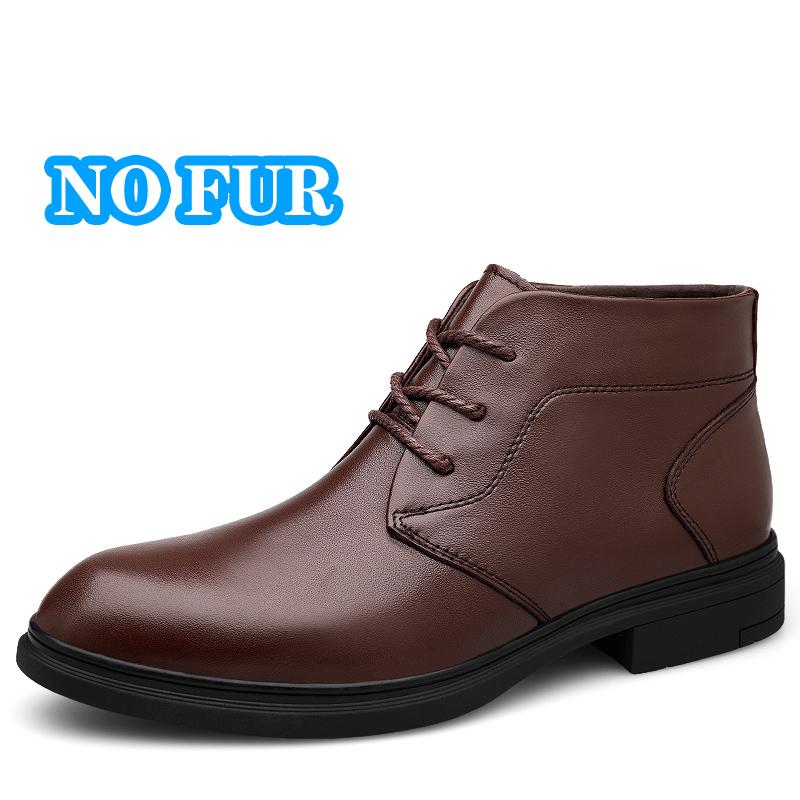 Fashion Pointed Toe Warm Plush Fur Men Boots Lace-Up Male Winter Ankle Boots Genuine Leather Business Botas High Quality Leisure Shoes