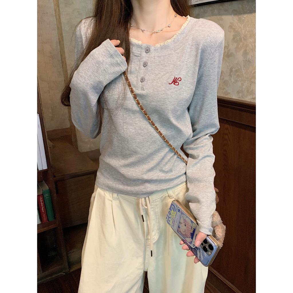 Design Embroidered Top Women's Spring Lace Half Open Neck Button Long Sleeve T-Shirt Bottom Shirt