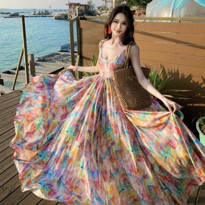 Seaside Vacation Dopamine Gentle and Beautiful Chiffon Print Suspender Dress Women's Summer Big Skirt Long Dress