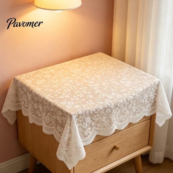 Machine Washable Tablecloth Floral Lace Tablecloth, Square White Doily, Vintage Scalloped Table Easy Clean Cloth Cover for Nightstand Coffee Tea Party
