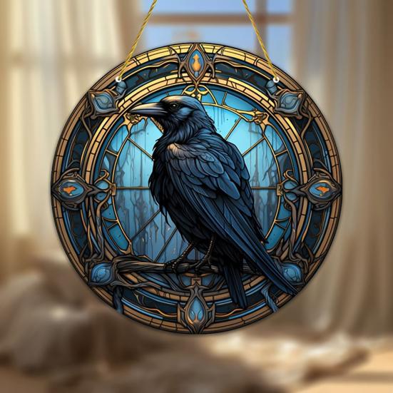Crow Stained Glass Suncatcher, Gothic Raven Acrylic Window Hanging Decor with Chain for Home, Garden, Indoor Outdoor Decor