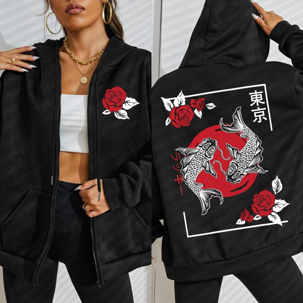 Tokyo Koi Fish Rose Harajuku Pattern Women Hoodie Street Oversize Hoodies Zipper Fleece Hoody Soft Woman Clothing