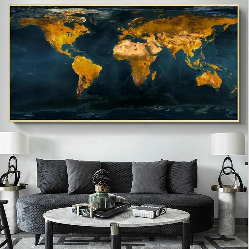Goldene Weltkarte Bilder Poster und Drucke Wand Kunst Leinwand Gemälde für Wohnzimmer Dekoration Cuadros Home Decor Kein Rahmen