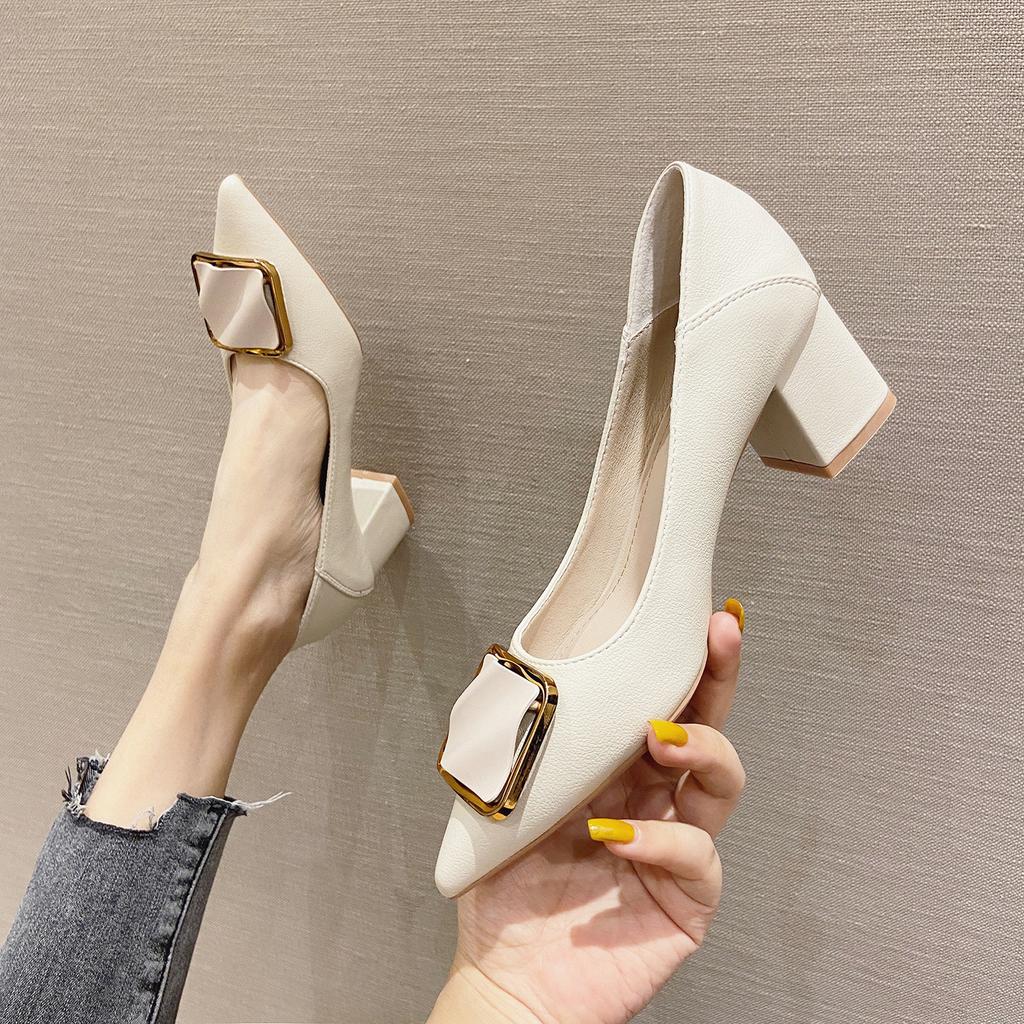 Pantofi noi, cu vârf ascuțit, gură mică, pantofi unici, cu cataramă pătrată, pantofi de lucru pentru navetiști, modă, confortabili, cu tocuri groase, tocuri înalte