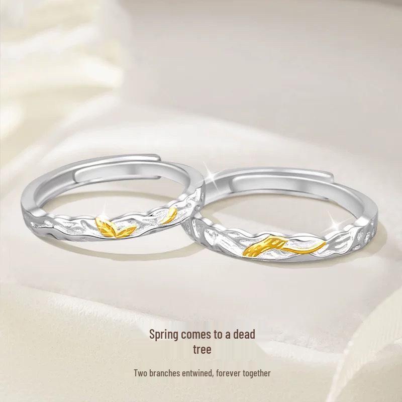 Árvores Murchas Encontram Casal de Anéis da Primavera: Bandas com Design de Folha Doce para Homens e Mulheres, Presente Perfeito para o Dia dos Namorados