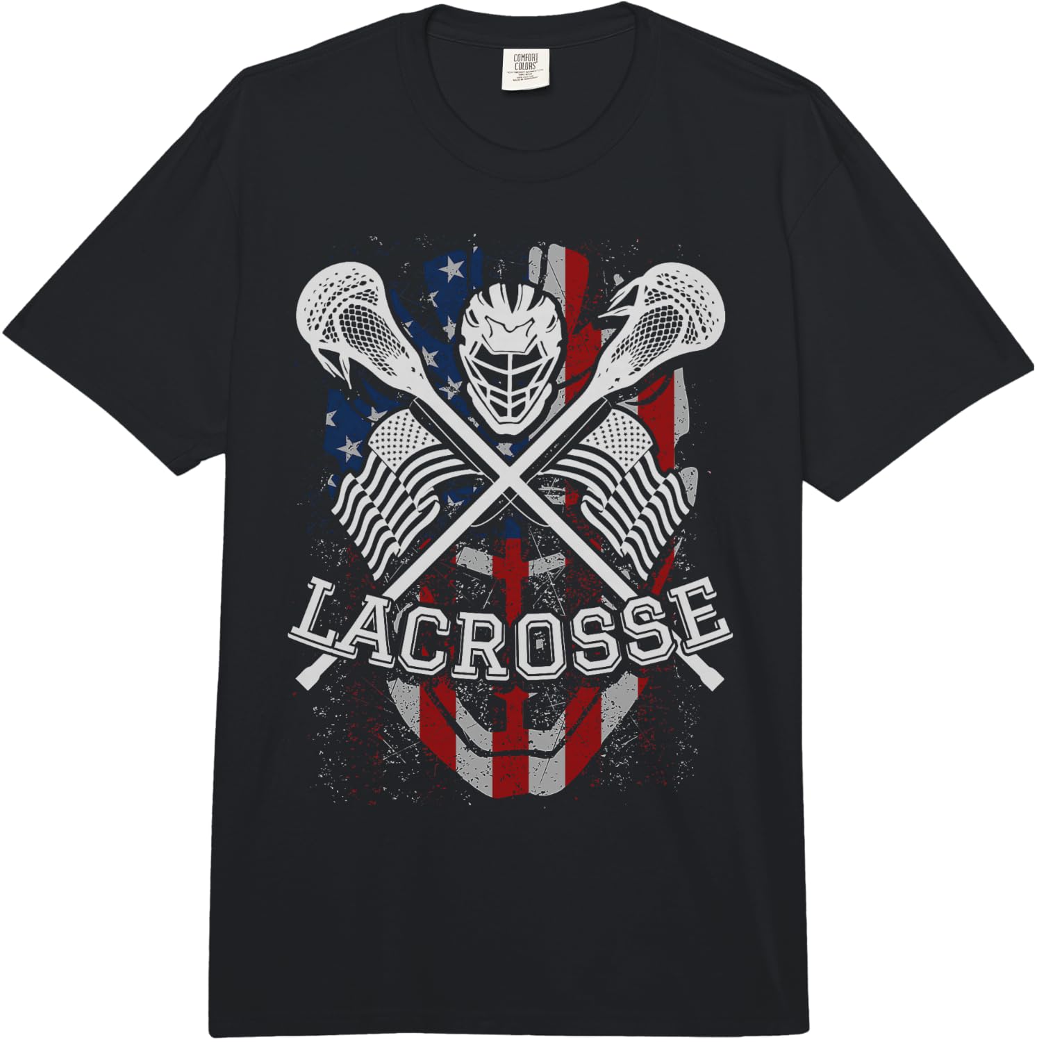 Lacrosse Helmet and Sticks, American Flag Funny Gift Comfort Colors Adult Heavyweight Unisex T-Shirt XXXXL