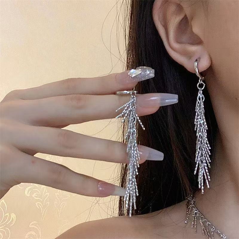 

Luxury Silver Color Metal Long Tassel Earrings for Women Fashion Wheat Ear Zircon Earrings Wedding Party Jewelry Gift