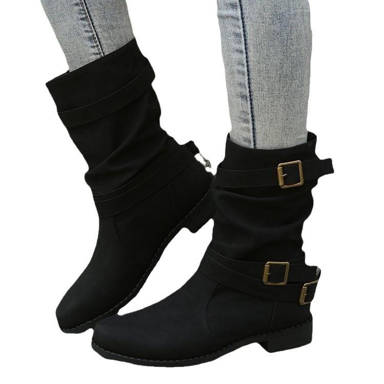 2025 autumn and winter European and American foreign trade medium boots women's new fashionable retro round head sleeve thick heel large size wom