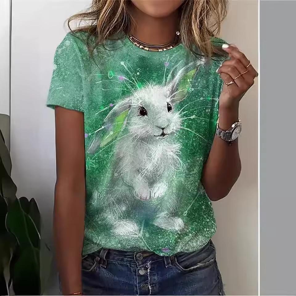 Rabbit Print Women's Top Crew Neck Short Sleeve Comfortable T-Shirts Women’s