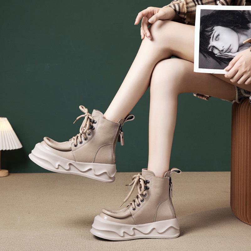 Women's Genuine Leather Retro Martin Boots - British Style Slimming Ankle Hiking Boots with Thick Sole for Autumn/Winter 2025