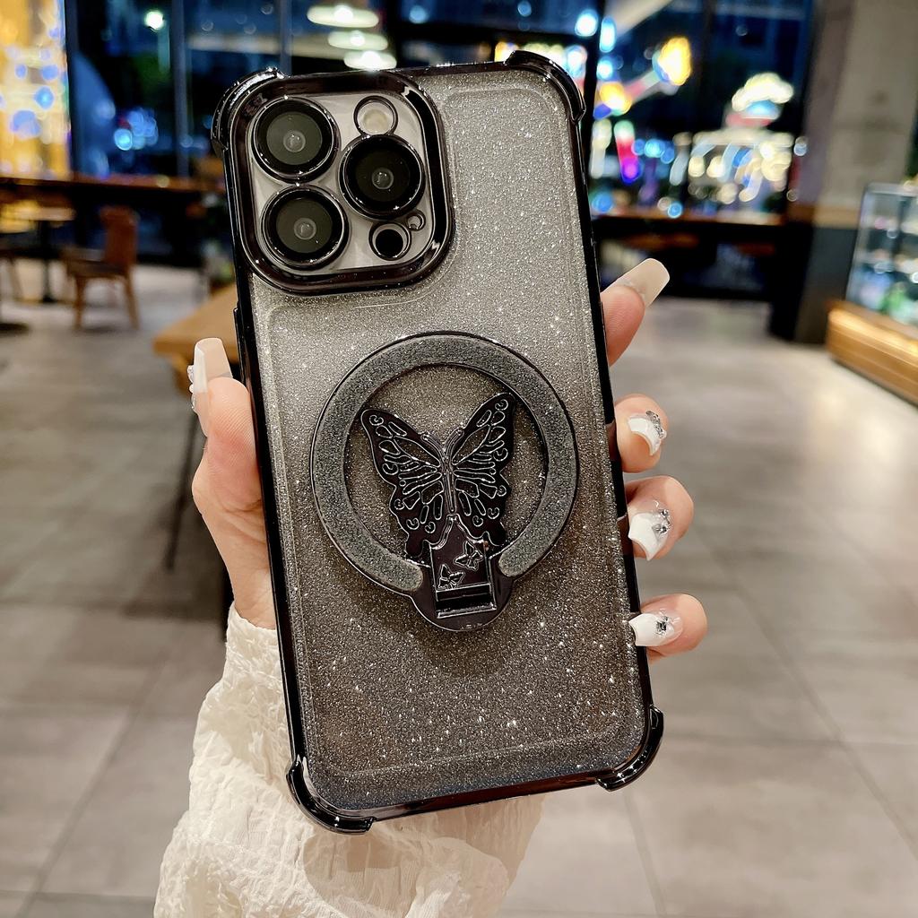 Applicable To Apple 16 Butterfly Flash Powder Stand Magnetic Snap Case Four Corner Airbag Anti-fall IPhone 15 Protective Case 13