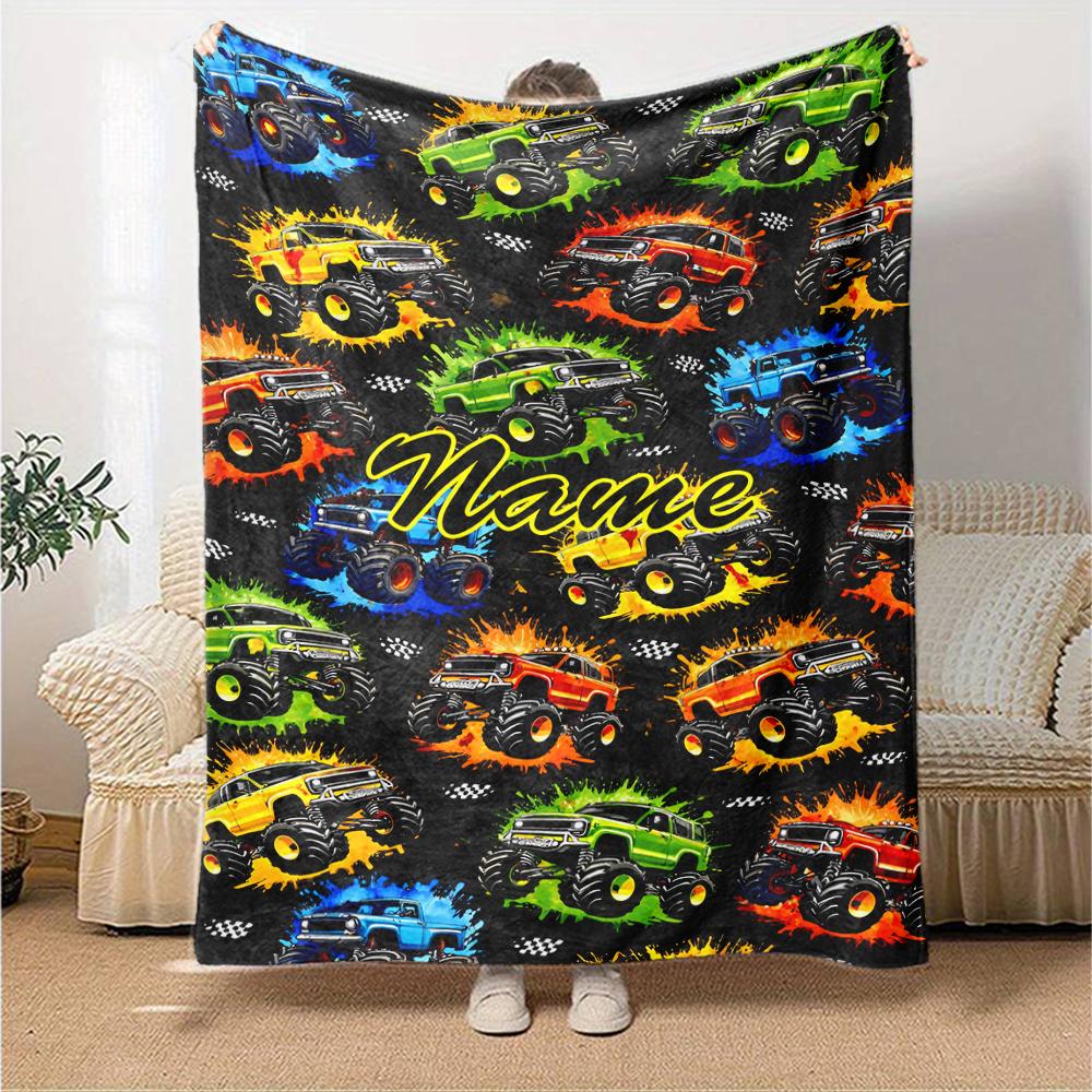 Custom Name Truck Theme Printed Blanket - Perfect for Couch, Bed, Travel & Outdoor Use | Machine Washable, Cozy & Durable.