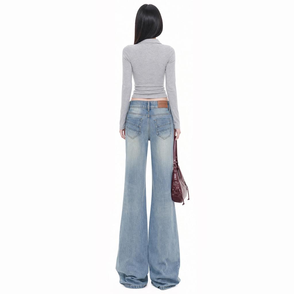 American Retro Low-rise Micro-pull Jeans Women's Loose and Thin Elastic Versatile Floor-mopping Flared Pants