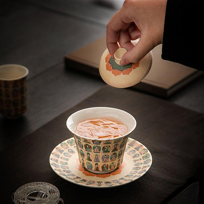 Ceramic San Cai Covered Bowl Hand-painted Thousand Buddha Tea Cup Kung Fu Tea Set Brewing Bowl Tea Cups