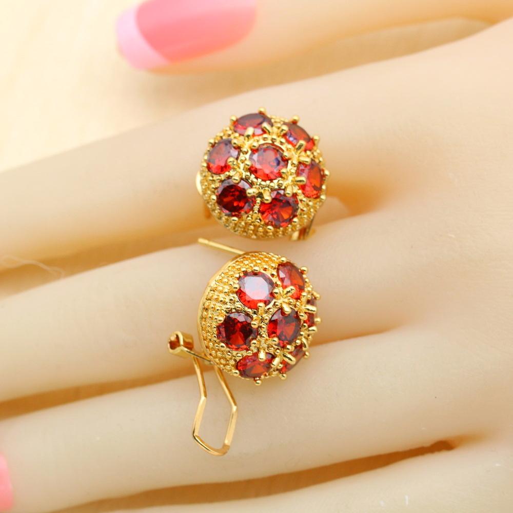Gold Color Jewelry Sets For Women Red Zircon Bracelet Hoop Earrings Necklace Pendant Rings Free Gift Box