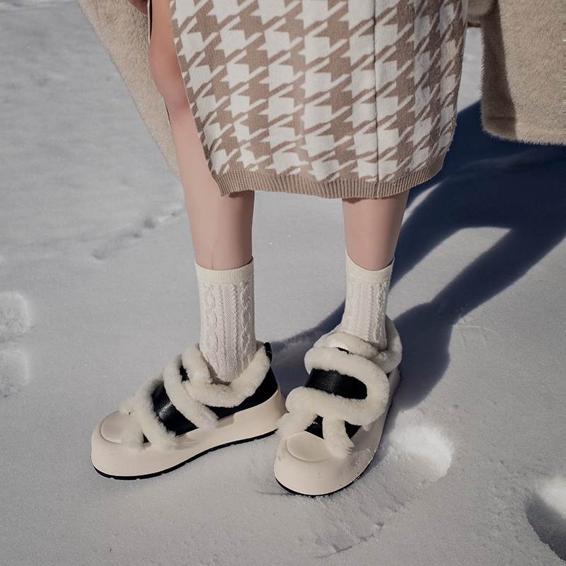 Cow Split Leather Keep Warm Winter White Sneakers Platform Women Artificial Wool Casual Shoes