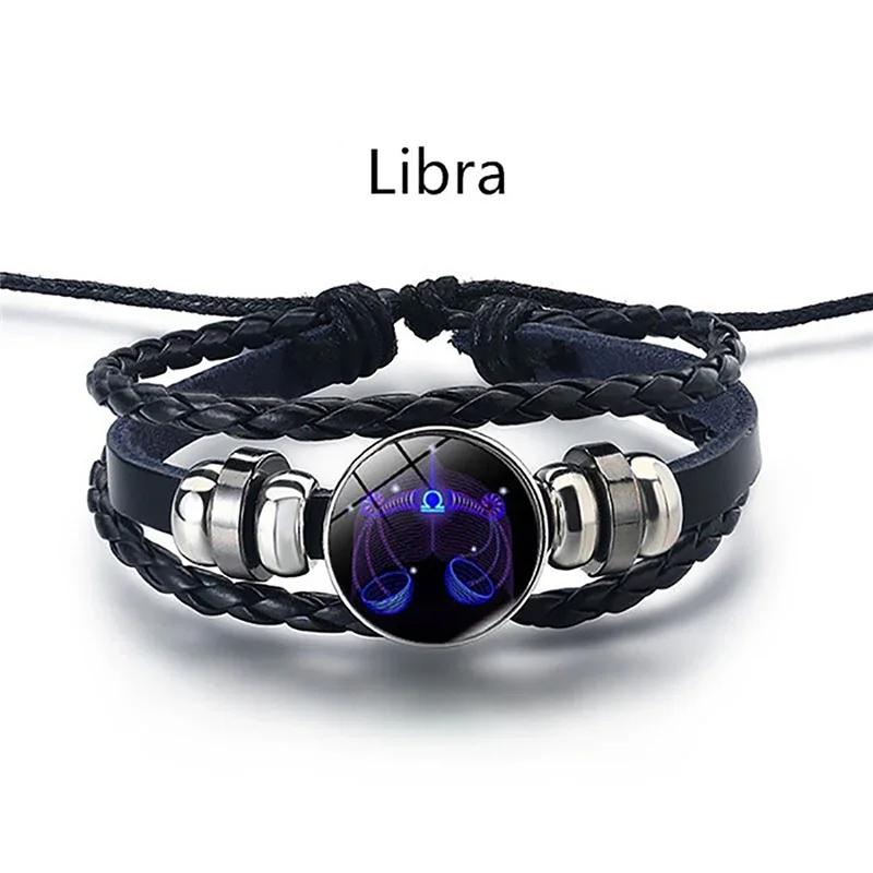 12 Constellation Luminous Bracelet Men Women Couple Multi-Layer Handmade Woven PU Rope Charm Bracelet Wristband Jewelry Gifts