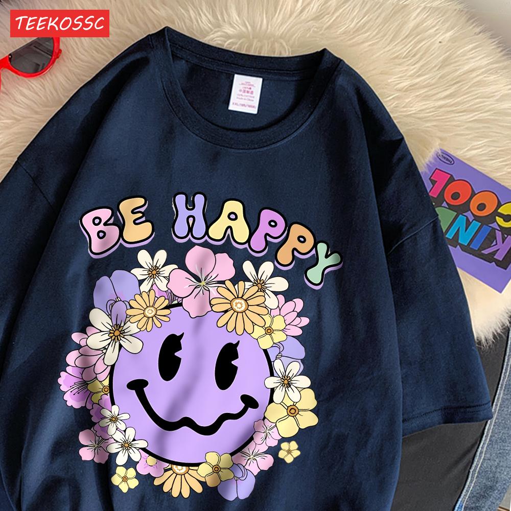 Street Cotton Womans T-Shirts Be Happy Face Cartoons Printing Short Sleeve O-Neck Breathable Loose Tops Trend Female Clothes