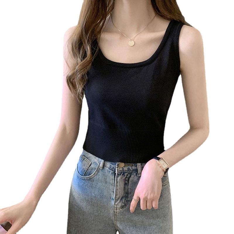 Women's Spring Summer Ice Silk Knit Camisole - Slimming Sleeveless Inner Base Layer with Beautiful Back Design.