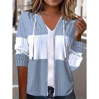 Color Block Zip-up Hoodie Jacket, Casual Long Sleeve Drawstring Ribbed Jacket For Spring & Fall, Women's Clothing