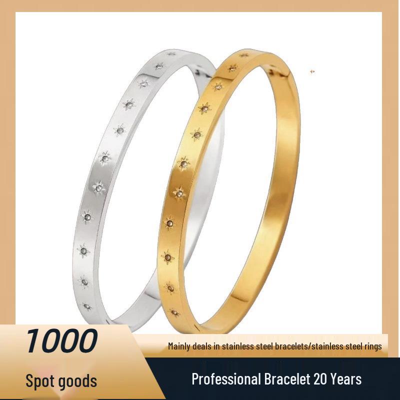European & American Rhinestone Titanium Steel Waterproof Bracelet - Eight-Pointed Star Resort Style, Colorfast Stainless Steel.