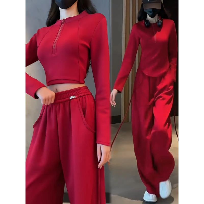 Red Casual Sportswear Set Women Spring Autumn Fashion Slimming Youthful Half Zip Top Two Piece Outfit