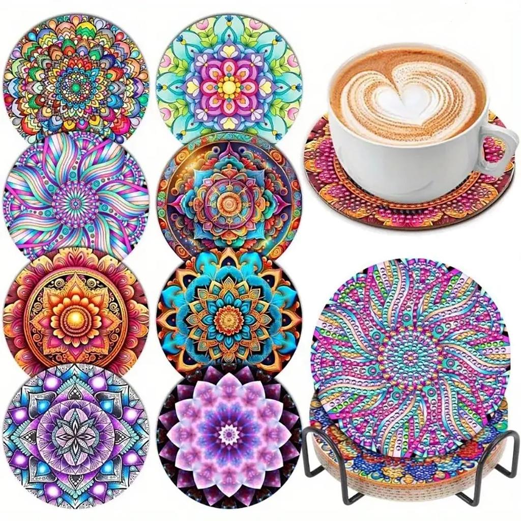 8 Pieces/set of Lunar Starry Sky Diamond Painted Coaster Set with Bracket DIY Coaster for Beginners and Adults, Gift of Art and Crafts Supplies