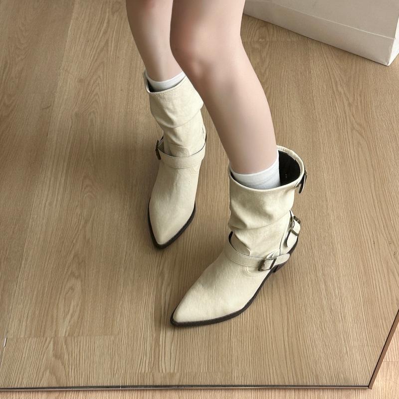 

British Martin Boots Women s Thick Heel Skinny 2025 Short Western Cowboy Boots White Pointed Pile Boots 40