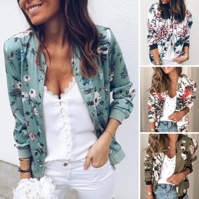 Fall Spring Lady Coat Floral Print Cardigan Zip-up Long Sleeves Elastic Cuff Stand Collar Cardigan Daily Wear Commuting Jacket