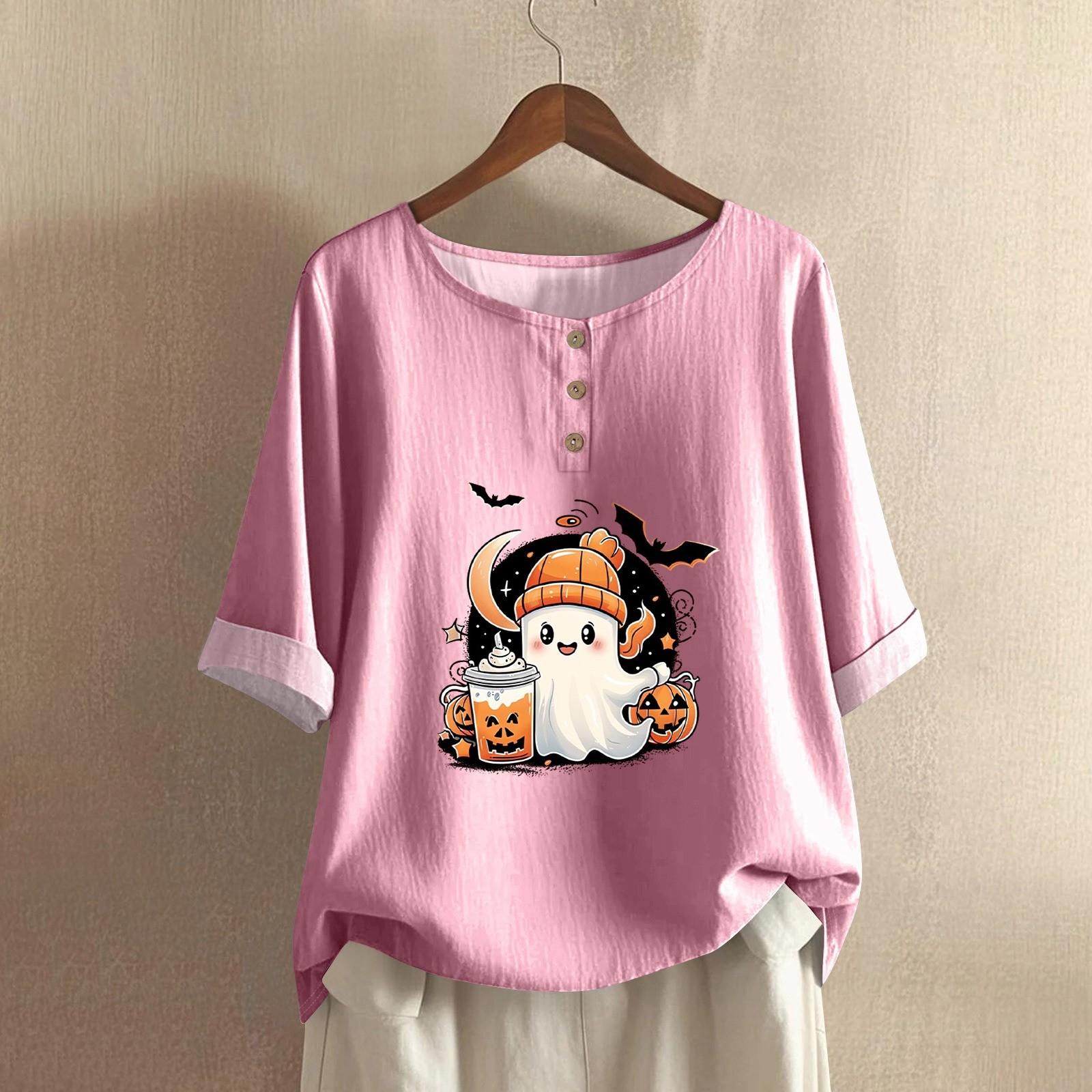 

Женская модная и повседневная рубашка с полурукавом, круглым вырезом, принтом, из хлопка и льна, блузка-топ XL розовый