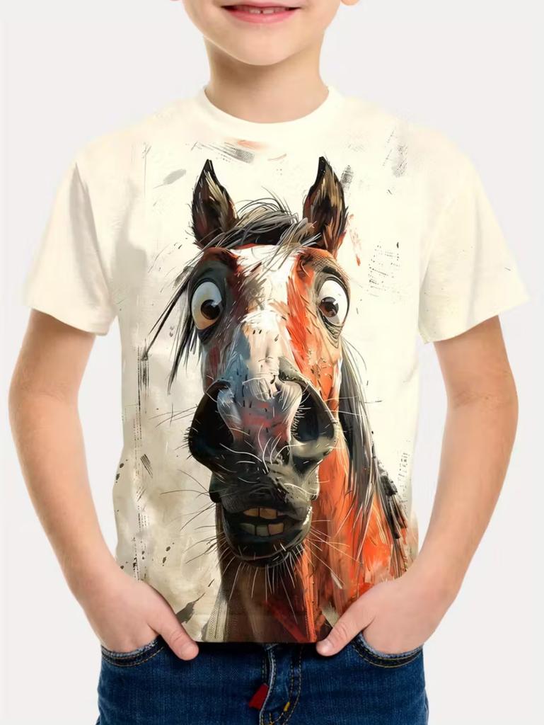 Children's clothing, boys' T-shirts, 3D horse print, short sleeves, fashionable children's summer clothing, casual children's clothing for girls.