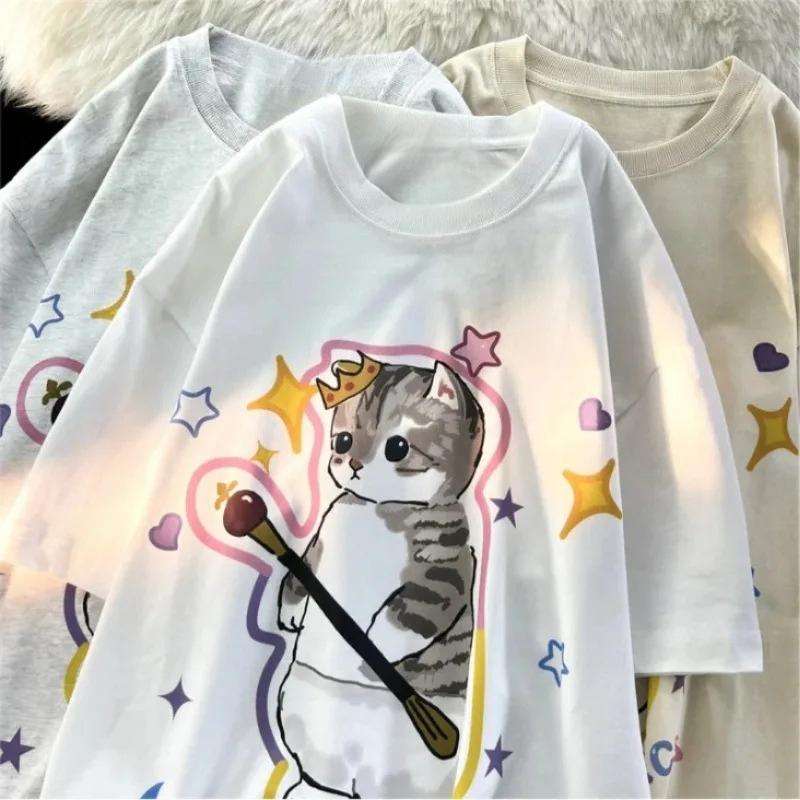 Funny Cat Printed T Shirt Harajuku T-Shirt Neutral Streetwear Japanese Kanji Female Tees Cute Tops Casual Short Sleeve Tshirt