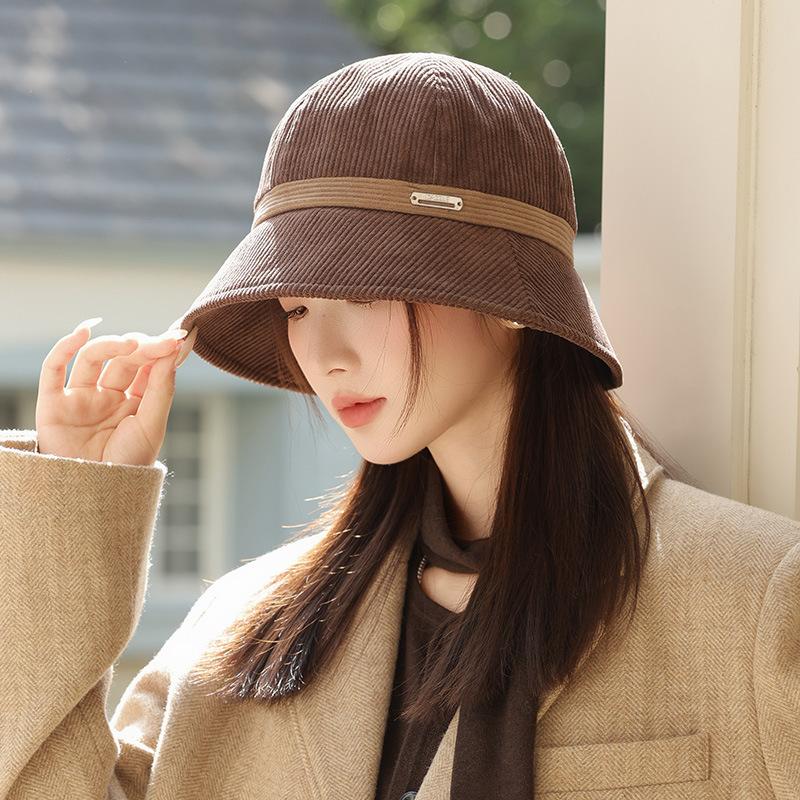 Autumn hat women's large brim showing face bucket hat high-end corduroy bucket hat versatile basin hat