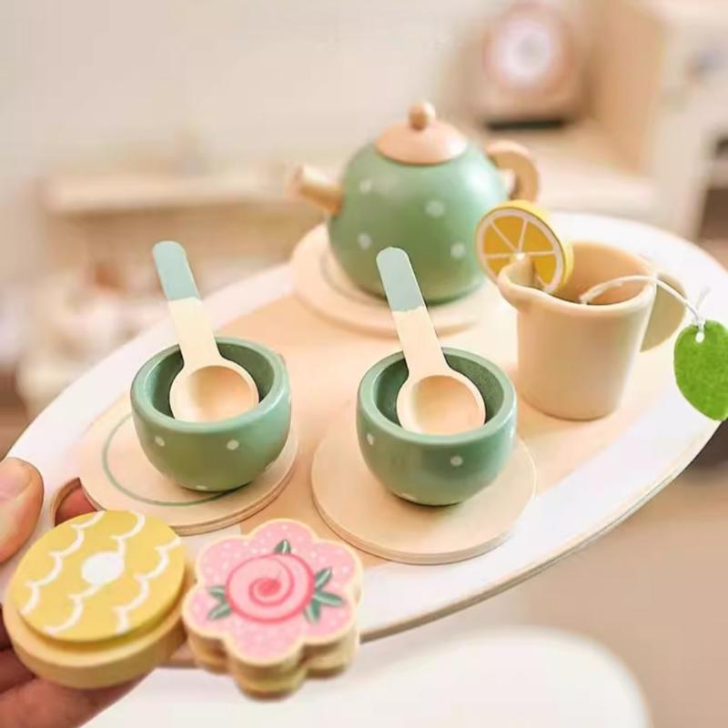 Wooden Kids Tea Set Pretend Play Food Kitchen Accessories Creative Imaginative Toy for Girls Birthday Tea Party Playroom