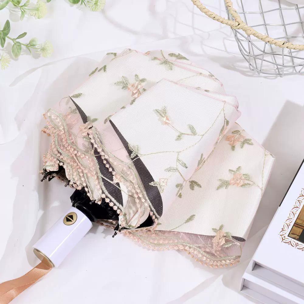 Double-Layer Lace Embroidered Sun Umbrella for Women, Black Glue Coating for Sun Protection and Uv Protection, Princess Umbrella, Sunshade and Rain