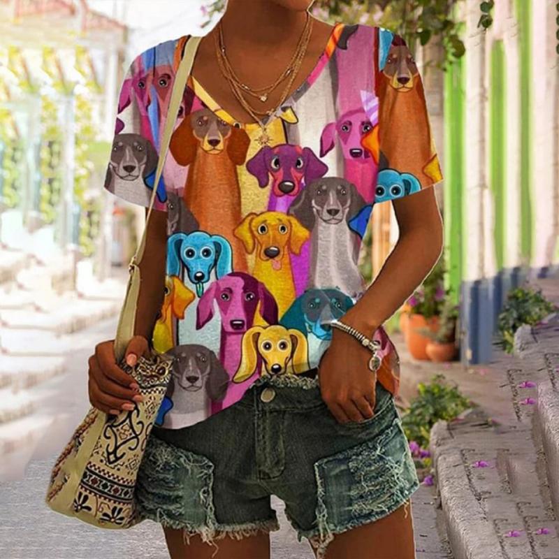 Women's 3d Cats Print T-Shirt Fashion Woman Blouses 2023 Funny Kawaii V-Neck T Shirt Female Clothing Oversized Summer Tops Tees