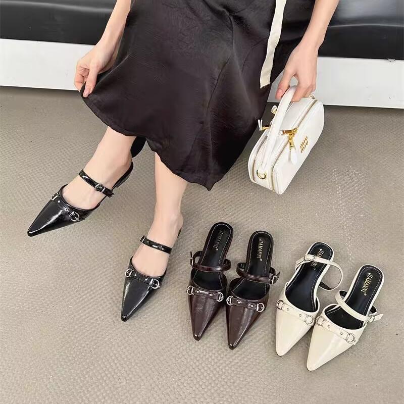 New Summer Elegant Pointed Toe Outside Beach Mid-heeled Slippers Fashionable Comfortable Casual Buckle Work Slippers for Women